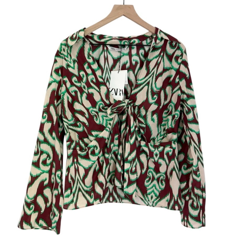 NWT Zara The Selena Blouse Long Sleeve Abstract Print‎ Green Brown Beige Size XL